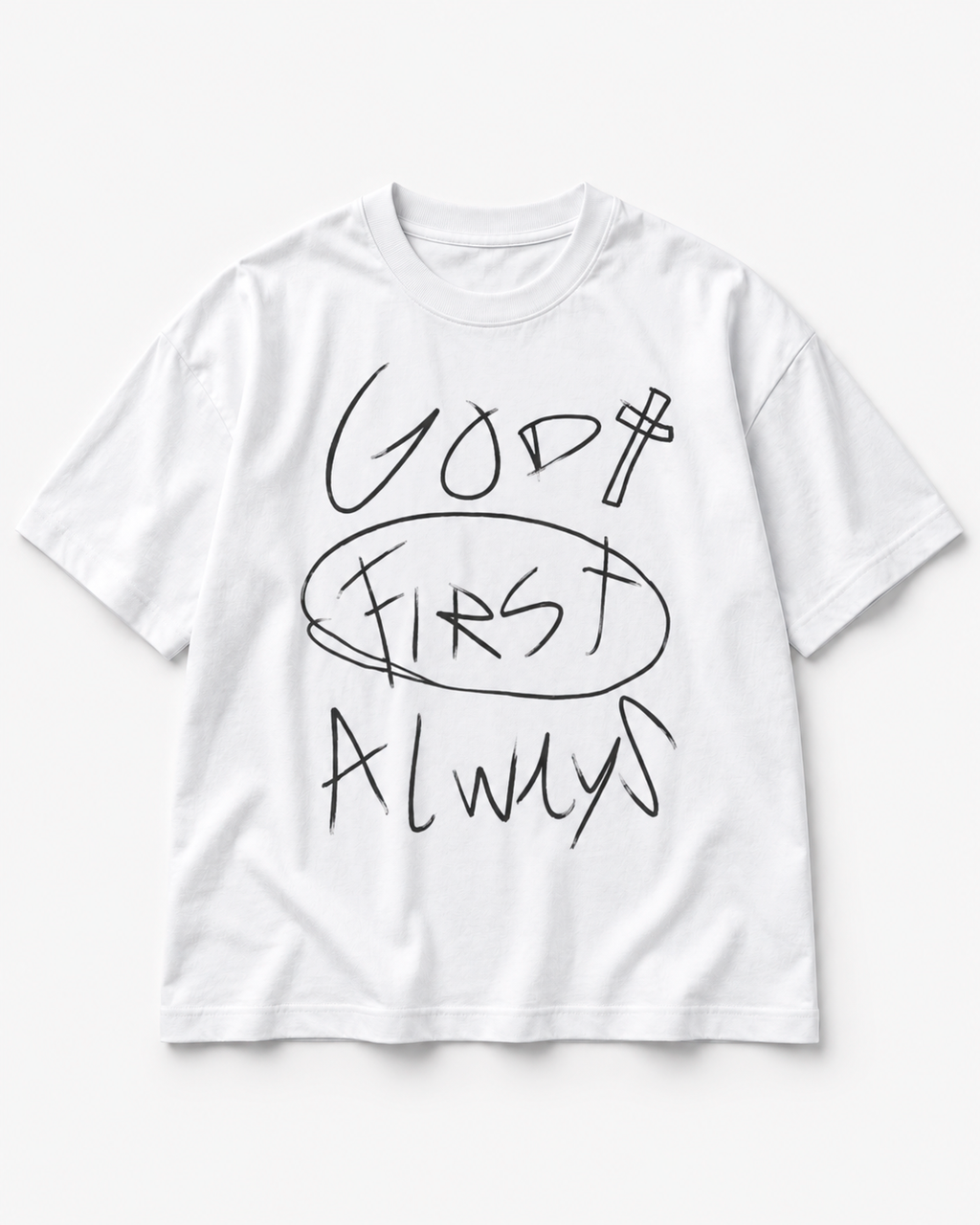 Camiseta God Always First branca — vista frontal