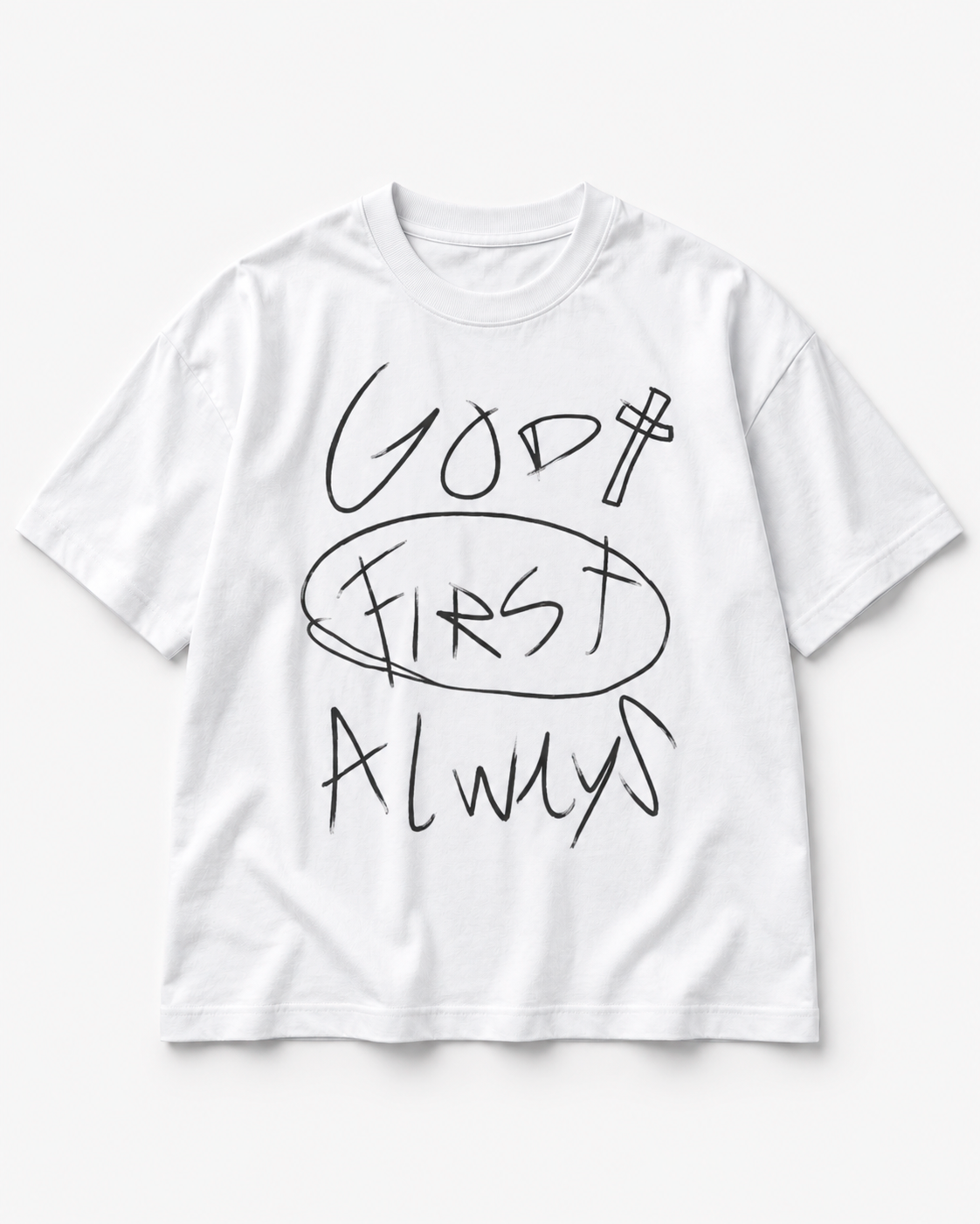 Camiseta God Always First branca — vista frontal
